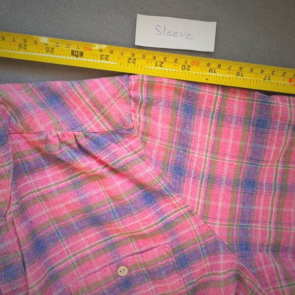 L.L.Bean Women Pink&Blue Plaid Flannel Shirt Collarless Neckline Preppy Western - Picture 13 of 14
